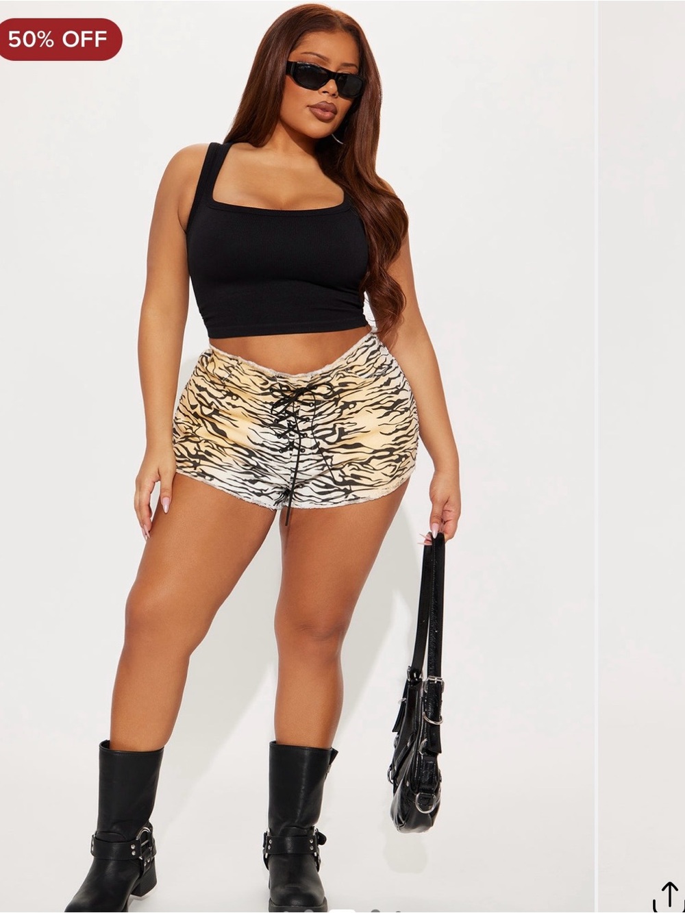 Fashion Nova Black Crop Tank & Zebra-Print Jean Shorts — Black/Beige